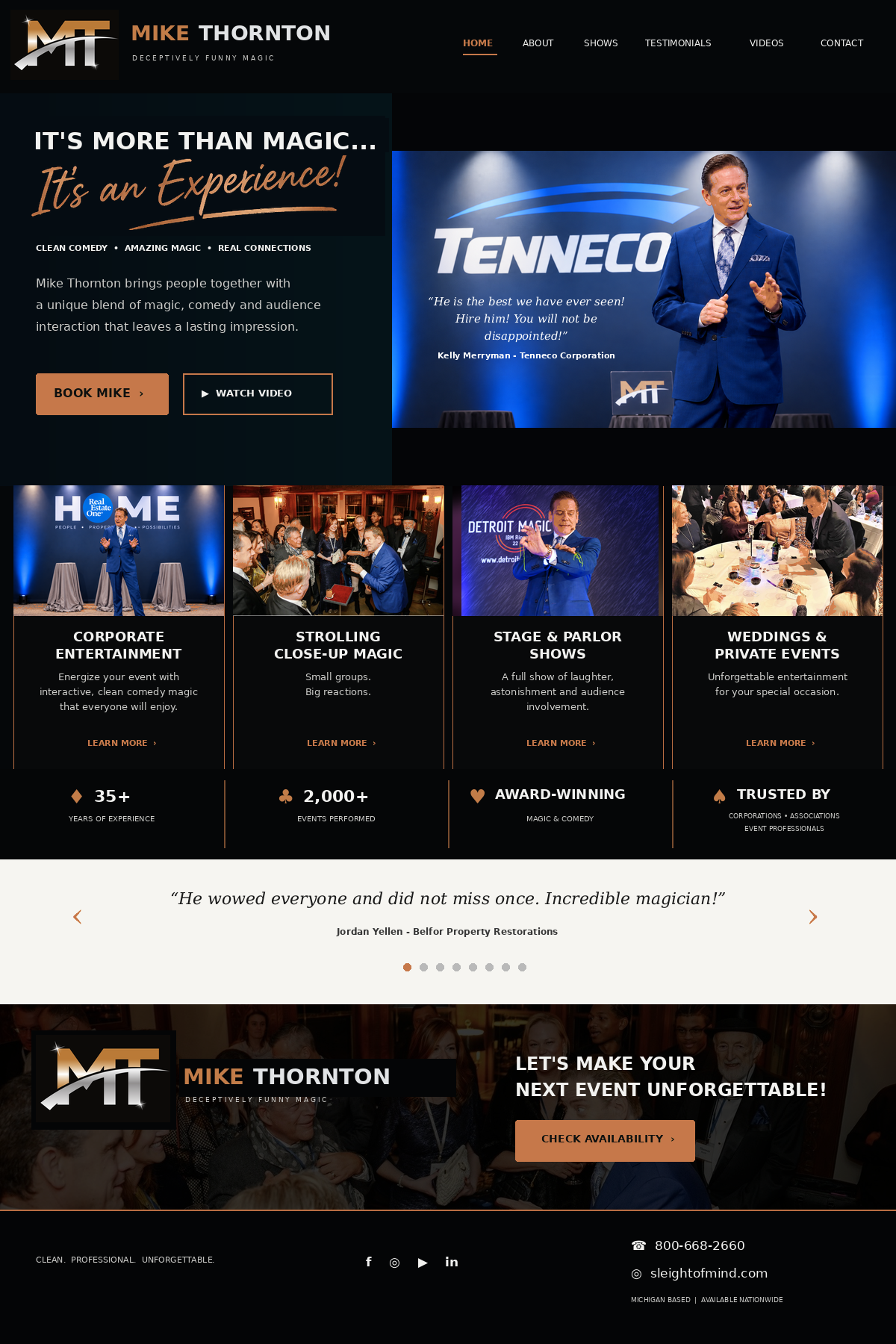 Mike Thornton’s corporate, strolling, stage and wedding magic, with client testimonials and more than 35 years of experience